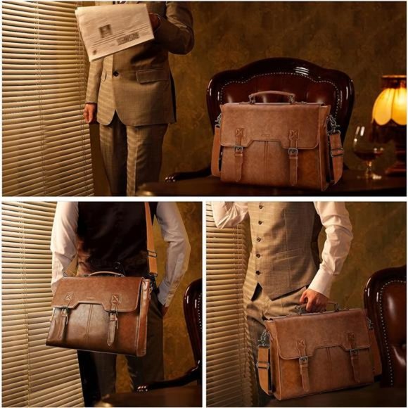 Leather Messenger Bag for Men 15.6 Inch Waterproof Laptop Briefcase Large - Picture 6 of 6